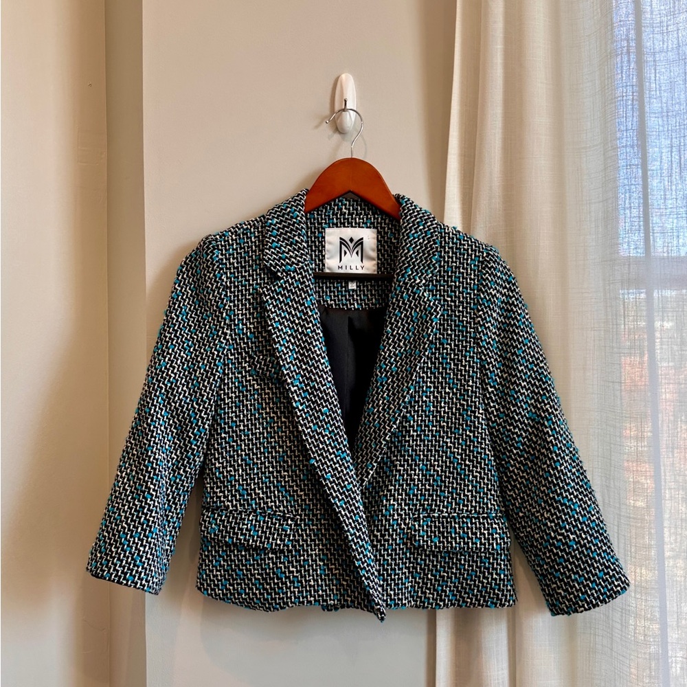 Milly Women's Black and Blue Boucle Tweed Jacket